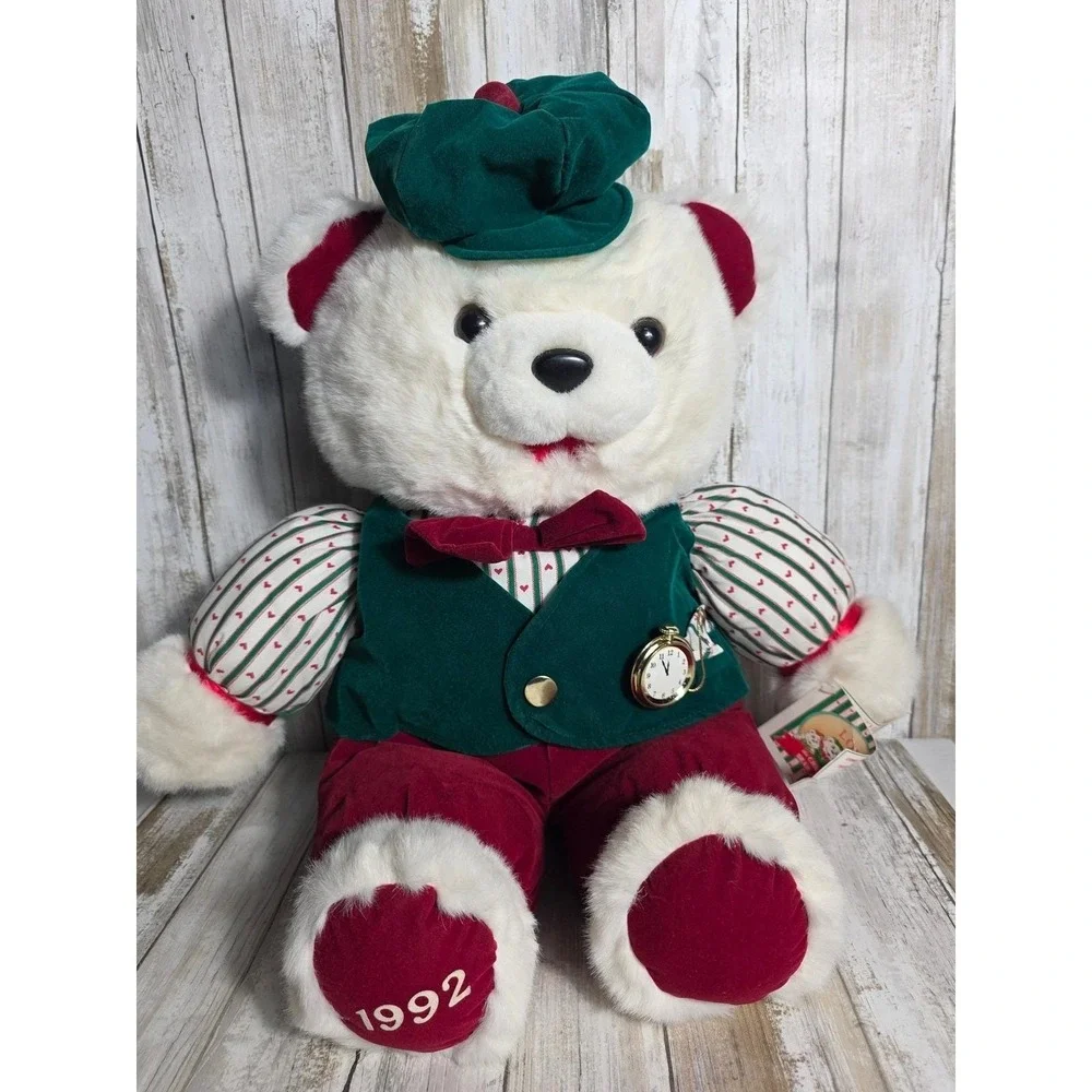 Vintage 1992 Fairview Christmas Bear Family Plush White Teddy Green Vest 1992